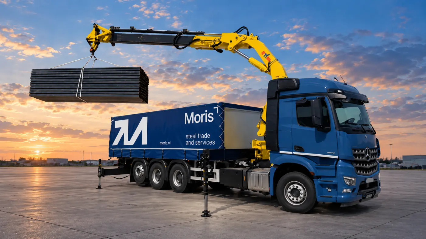 Moris truck with an HDS crane unloading steel